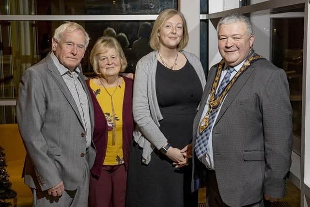 David Martin, Vice-Chair of Community Advice Causeway, Margaret Gordon, Chair of Community Advice Causeway, Samantha Boswell, Chief Officer Community Advice Causeway, pictured alongside the Mayor of Causeway Coast and Glens Borough Council, Councillor Ivor Wallace, at a reception in Cloonavin to mark their 50th anniversary