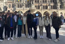 (L-R) Ben McKee, Aidan Neill, Calum Woodburn, James Reynolds, Ross Greer, Chloe Gibson, Holly Jordan, Cameron Waring, Morgan Colton, Jessica Bek, Oliwia Rek, and Hilary Walsh on the SERC visit to Germany. Pic credit: South Eastern Regional College