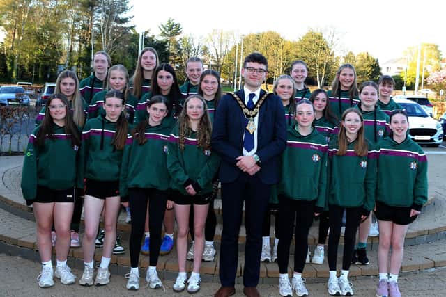 Mayor of Causeway Coast and Glens, Councillor Ciarán McQuillan and members of Eoghan Rua U15 Camogie team, at a reception in Cloonavin to celebrate their sporting success. CREDIT CCGBC
