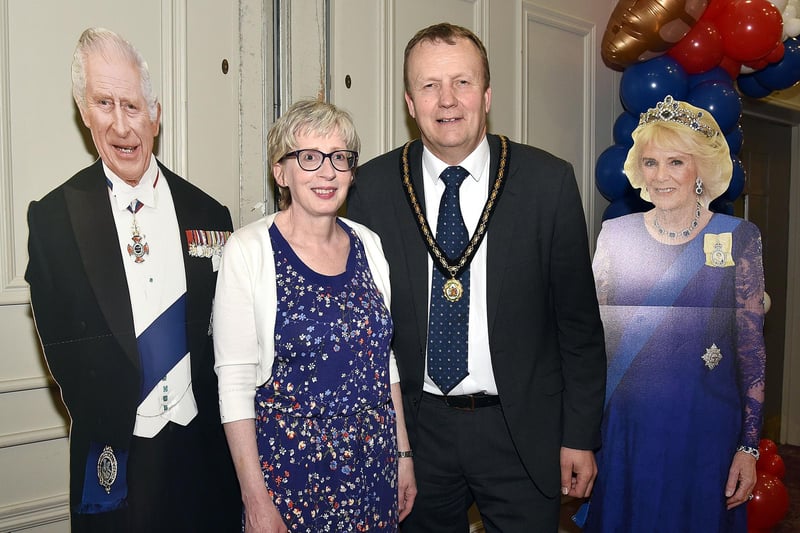 Cllr Tim McClelland and his wife Karen pictured with the 'royal couple' at the Coronation Tea Party . PT17-289.