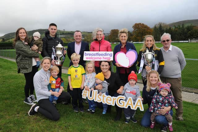 Kilcoo GAC is just one of 300 GAA clubs in Ulster to join the Public Health Agency’s Breastfeeding ‘Welcome Here Scheme’. Pictured with members are Michael McArdle, Public Relations Officer at Ulster GAA, Dr Hannah Dearie, Senior Health and Social Wellbeing Improvement Officer with the PHA, Michelle O’Hagan, Infant Feeding Lead Midwife at the Southern Health and Social Care Trust