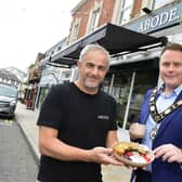 William Newell, Owner of Abode Café with Mayor of Antrim and Newtownabbey, Cllr Mark Cooper. (Antrim and Newtownabbey Borough Council).