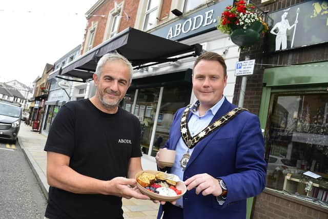 William Newell, Owner of Abode Café with Mayor of Antrim and Newtownabbey, Cllr Mark Cooper. (Antrim and Newtownabbey Borough Council).