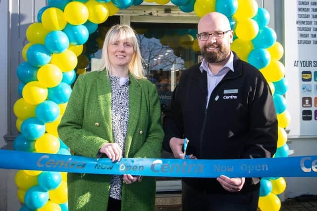 Musgrave NI operations manager Gillian Cuddy joins Centra Draperstown store manager Brian O’Neill in officially opening the newly revamped store. Picture: Brian Thompson Photography