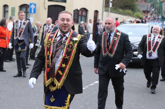 A thumbs-up from this RBP member during the Larne parade.