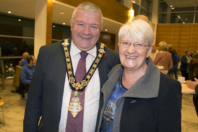 Olive Thompson from Christians Against Poverty pictured with the Mayor of Causeway Coast and Glens Borough Council, Councillor Ivor Wallace, at the event in Cloonavin