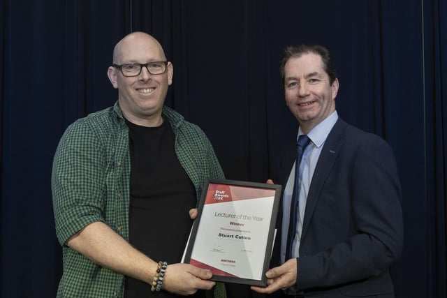 Winner of Lecturer of the Year, Performing Arts and Media Lecturer, Stuart Cullen pictured with Mel Higgins - Principal & Cheif Executive.