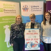 Chamber President, Dr Katrina Collins (centre), with Tracy Brownlee from Barnardos NI and Pebbles Campbell from Lisburn Foodbank.