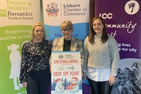 Chamber President, Dr Katrina Collins (centre), with Tracy Brownlee from Barnardos NI and Pebbles Campbell from Lisburn Foodbank.