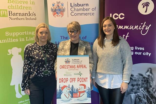 Chamber President, Dr Katrina Collins (centre), with Tracy Brownlee from Barnardos NI and Pebbles Campbell from Lisburn Foodbank.
