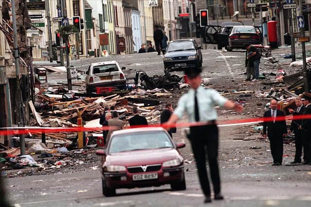 PACEMAKER BELFAST 15/08/98: The scene of devastation in Omagh Town centre where upto 25 people have been killed in this afternoons blast.