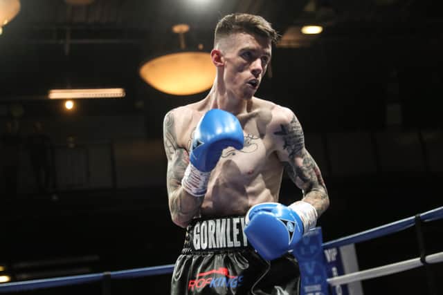 Lurgan native Lee Gormley at his professional debut in June 2023 against John Spencer in Bolton near Manchester. Lee won the fight. Photo courtesy of Karen Priestley.