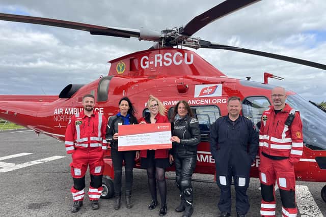 Representatives from Draperstown Bikers visited Air Ambulance NI base and presented a cheque for £2,220 raised in memory of Aidan 'Aidy' Clerkin | Supplied