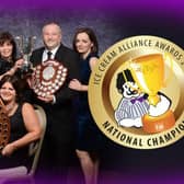 Family business Morelli Ice Cream in Coleraine with the Ice Cream Association’s prestigious National Champion Award in 2019/20 – first time for a Northern Ireland producer. The picture shows Arnaldo and Daniela with other members of the Morelli family