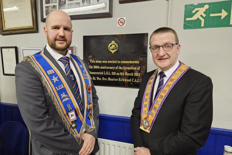 Worshipful Brother Brian Brown, WM of Dunseverick LOL 528 and RT Worshipful Brother Maurice Kirkwood, GM of Course Antrim Grand Orange Lodge