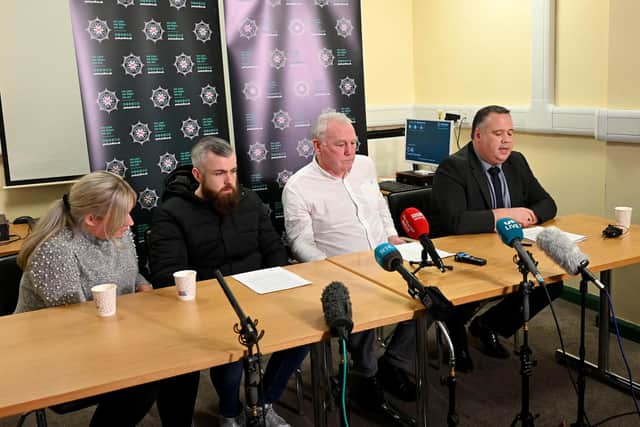 The family of Natalie McNally ,Hollie with her fiancee Niall McNally, Natalie's brother and her Uncle John McStravick. Also pictured with DCI John Caldwell at todays press conference after the murder of 32 year old in Lurgan. Mandatory Credit Presseye/Stephen Hamilton