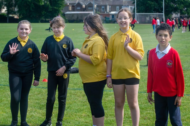 Pupils of Presentation Primary School  and Hart Memorial Primary School pictured at the Shared Education event in Portadown People's Park on Wednesday. PT23-240.