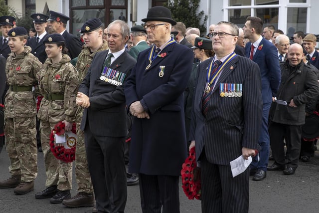Pictured at the Service of Remembrance and Wreath Laying Ceremony at the War Memorial in High Street, Ballymoney including Colonel Alan Platt, Ballymoney RBL President John Pinkerton and Ballymoney RBL Chairman Mark McLaughlin