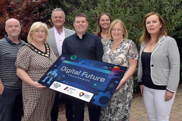 Ciaran Lynch, Sentinus; Lord Mayor Cllr Mary O’Dowd; Cllr Kyle Savage, Chair of Economic Development & Regeneration Committee; David Pilkington, CEO Sentinus; Charlene Lynch, Sentinus; Dette Hughes, EBR Programmes Manager; Elaine Cullen, ABC Council.