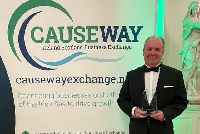 ESF Chief Executive Alan Lowry receives the ‘Northern Irish Exporter of the Year’ accolade at Causeway Ireland Scotland Business Exchange Awards.
