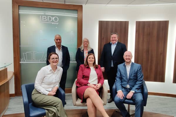 Pictured (back row) is Senior Partner Nigel Harra, Maybeth Shaw (Partner) and Managing Partner of BDO Northern Ireland Brian Murphy. They are joined by (front row) Partners Laura Jackson, Lorraine Nelson and Michael Jennings.