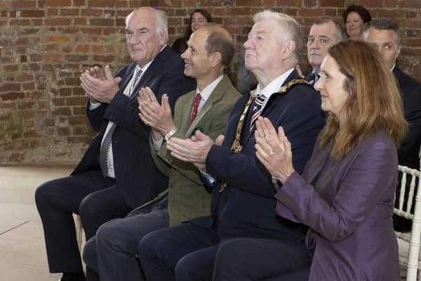 The Duke of Edinburgh enjoyed a performance by Counterpoint Choir and violinist Zak Hassan held in Mussenden Temple, accompanied by the Mayor of Causeway Coast and Glens, Councillor Steven Callaghan QPM, Deputy Lord-Lieutenant of County Londonderry William Oliver MBE and Heather McLachlan, National Trust Director for Northern Ireland...Pic Steven McAuley/McAuley Multimedia