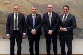 (L-R) Dr Conor Patterson, President of Newry Chamber, Ruairí Ó Murchú TD, Michael Savage, CEO of Newry Chamber and John McGahon, CEO of Dundalk Chamber pictured in the Oireachtas after both Chambers addressed the Implementation of the Good Friday Agreement Committee on Tuesday.