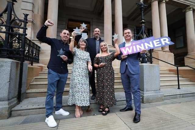 Bradley's Centra Maghera swept the boards at the 2023 Retail NI High Street Heroes Awards - winning gold in five categories including Overall Independent Retailer. Pictured, from left, are Eoghan Jordan, Trish McGuckin, Joe Bradley, and Danielle Walsh of Bradley’s Centra, Maghera, with Glyn Roberts, Chief Executive, Retail NI. Picture: Press Eye