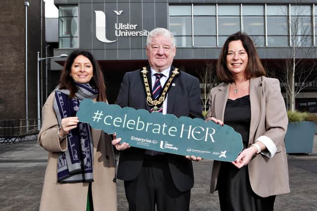 Pictured announcing the special International Women’s Day conference at the venue, Ulster University, are (L-R):  Karise Hutchinson, Professor of Leadership, Ulster University and Founder of Illuminaire Leadership,  The Mayor of Causeway Coast and Glens Borough Council, Councillor Steven Callaghan and Jayne Taggart, CEO, Enterprise Causeway.   Credit Ciaran Clancy