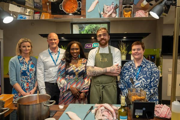 Dr. Lynda Hegarty and Peter Wisener, Head of Faculty, NWRC, Mayor of Derry and Strabane District Councillor, Lilian Seenoi Barr, Chef Stevie McCarry, and Francine Moran, NWRC’s Principal Lecturer in Sustainability and Social Responsibility. (pic Martin McKeown)