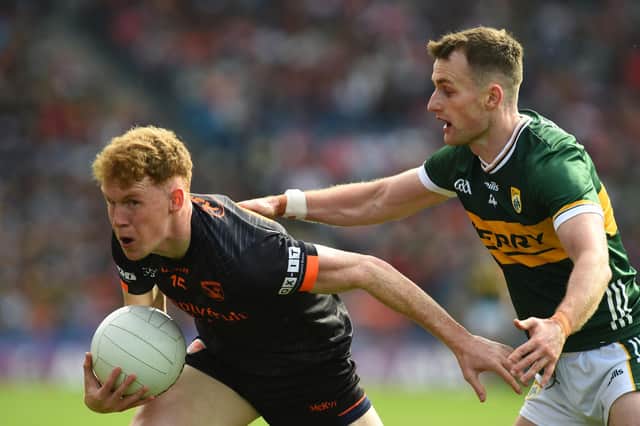Armagh’s Conor Turbitt goes past Kerry’s Tom O’Sullivan during their meeting in the All-Ireland SFC Semi-final last year. Pics: John Merry