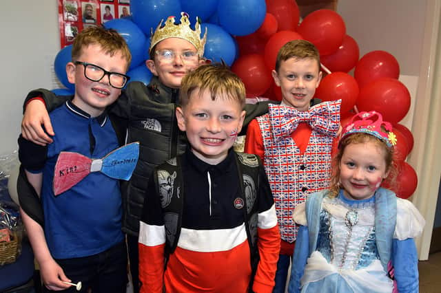 Some of the pupils of Derryhale Primary School who enjoyed the coronation party on Friday. PT18-208.