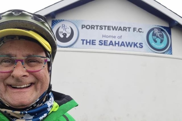 TV presenter Timmy Mallett is cycling around the UK and Ireland and has reached the Causeway Coast. Here he is in Portstewart.
