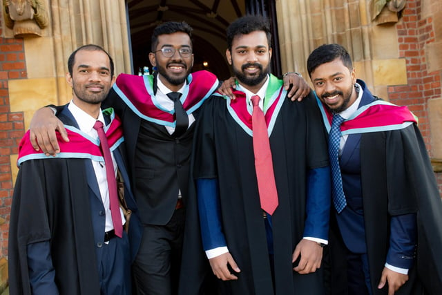 From left to right: Barath Chamdra; Ramasamy Kannan; Viswatch Ramanujant Balaguru; and Aravindh Mohan celebrate their MSc in Construction Project Management.