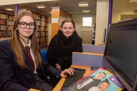 Hannah Middleton and Abbey Robb apply for course when they attended Open Day at NWRC's Limavady campus.