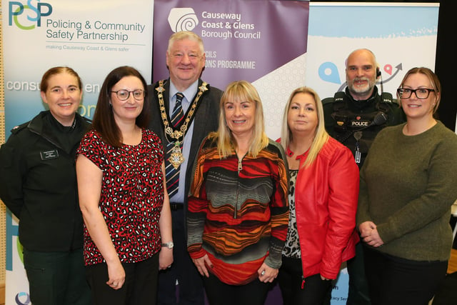 Mayor, Cllr Steven Callaghan with representatives from the PCSP and PSNI.