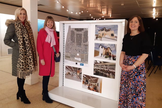 Upper Bann MP Carla Lockhart with Armagh, Banbridge and Craigavon Councillor Margaret Tinsley are shown plans for the new Emmanuel Church in Portadown. They were attending the official opening of the new social supermarket Freedom Foods Pantry in Portadown, Co Armagh on Thursday.The supermarket is open to anyone in need and, for a small fee, can avail of a grocery shop of fresh and frozen food plus other staples.