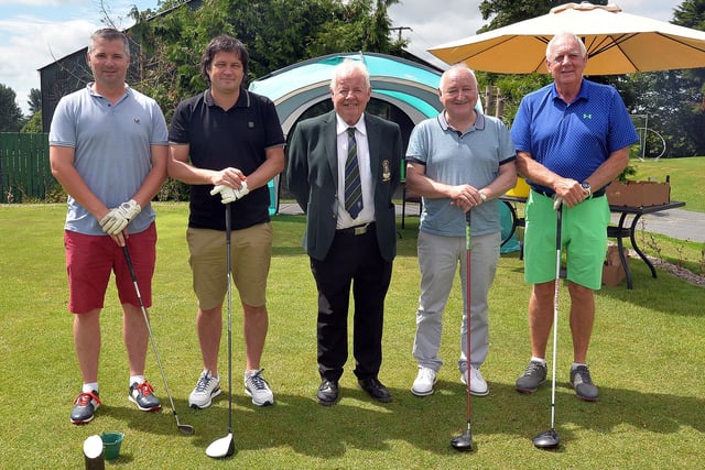 Portadown Golf Club president, Colm McKeever, centre, pictured on his President's Day on Saturday with competitors, from left, Ronan McAlinden, Seamus Brown, Mark McKeever and Bill Nixon. PT26-229. Photo by Tony Hendron