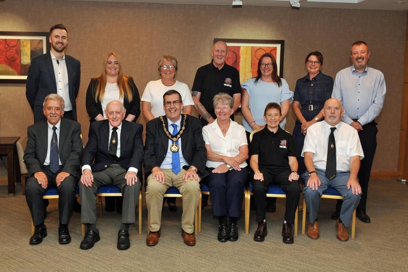Lord Mayor of Armagh City, Banbridge and Craigavon, Alderman Stephen Moutray with the members of the Portadown Heritage Tours Committee who were his guests at Craigavon Civic Centre. Included are, Councillor Kyle Moutray, Councillor Julie Flaherty and Alderman Ian Burns.