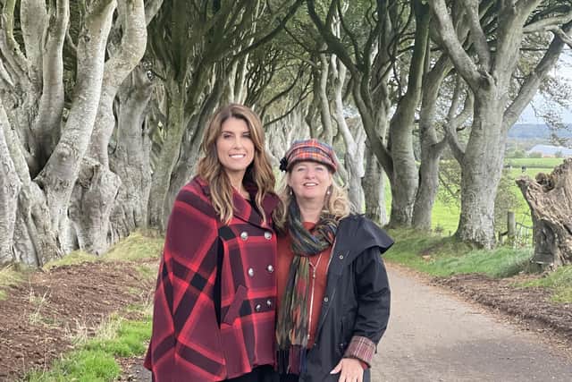 Presenter Lauren Scala and Ruth Moran, Tourism Ireland, during filming at the Dark Hedges