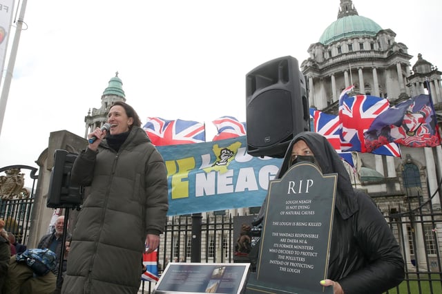 Louise Taylor from Love our Lough addresses the crowd gathered at Belfast City Hall on Saturday.