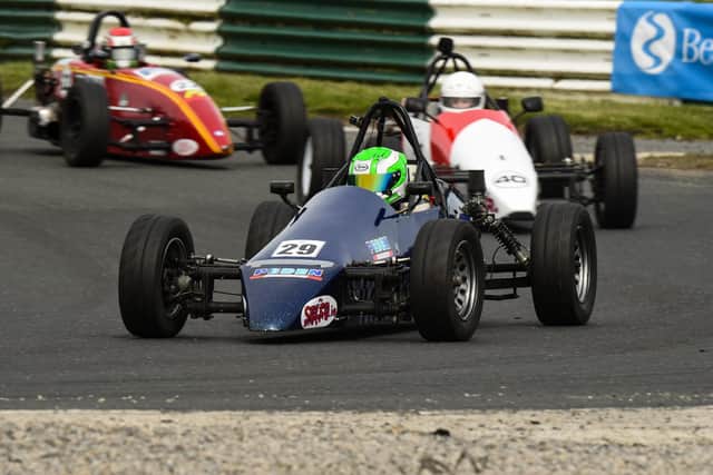 Ronan Doherty, Sheane, leads Sean McCallion, Sheane, on his way to winning the LOH Motorsport Formula Vee race. ICCR, Mondello Park, Donore, Co. Kildare. Picture: Barry Cregg.