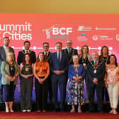 Pictured, from left, at the first ever Summit of the Cities, held in Belfast City Hall, are: back row: Deputy Mayor of Galway, Cllr Mike Cubbard; Mayor of Bangor Cllr Craig Blaney; Lord Mayor of Cork Cllr Damian Boylan, Lord Mayor of Dublin Cllr Ray McAdam, Deputy Chair, Newry & Mourne District Council Cllr Doire Finn, Mayor of Waterford City, Cllr Lola O'Sullivan. Front row: Lord Mayor of Armagh, Cllr Mary O'Dowd, Lord Mayor of Belfast Cllr Róis-Máíre Donnelly, Mayor of Derry Grace Uí Niallais, former Mayor of New York Bill deBlasio, Cathoairleach Kilkenny Council Cllr Mary Hilda Cavanagh, Mayor of Lisburn Cllr Brian Higginson and Cllr Catherine Slattery, Príomh Chomhairleoir Limerick City Council. Picture: Matt Mackey