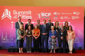Pictured, from left, at the first ever Summit of the Cities, held in Belfast City Hall, are: back row: Deputy Mayor of Galway, Cllr Mike Cubbard; Mayor of Bangor Cllr Craig Blaney; Lord Mayor of Cork Cllr Damian Boylan, Lord Mayor of Dublin Cllr Ray McAdam, Deputy Chair, Newry & Mourne District Council Cllr Doire Finn, Mayor of Waterford City, Cllr Lola O'Sullivan. Front row: Lord Mayor of Armagh, Cllr Mary O'Dowd, Lord Mayor of Belfast Cllr Róis-Máíre Donnelly, Mayor of Derry Grace Uí Niallais, former Mayor of New York Bill deBlasio, Cathoairleach Kilkenny Council Cllr Mary Hilda Cavanagh, Mayor of Lisburn Cllr Brian Higginson and Cllr Catherine Slattery, Príomh Chomhairleoir Limerick City Council. Picture: Matt Mackey
