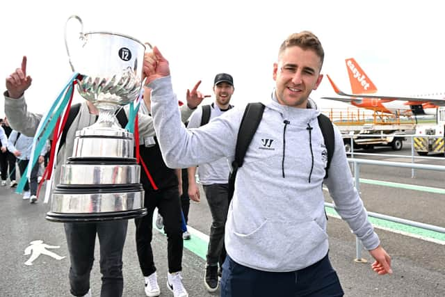 Belfast Giants' captain David Goodwin with the playoff trophy. Picture: PressEye