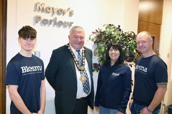 Cameron McAfee, the Mayor of Causeway Coast and Glens Borough Council, Councillor Ivor Wallace, Fiona Morrison, Blesma Outreach Officer and Iain McAfee pictured in Cloonavin
