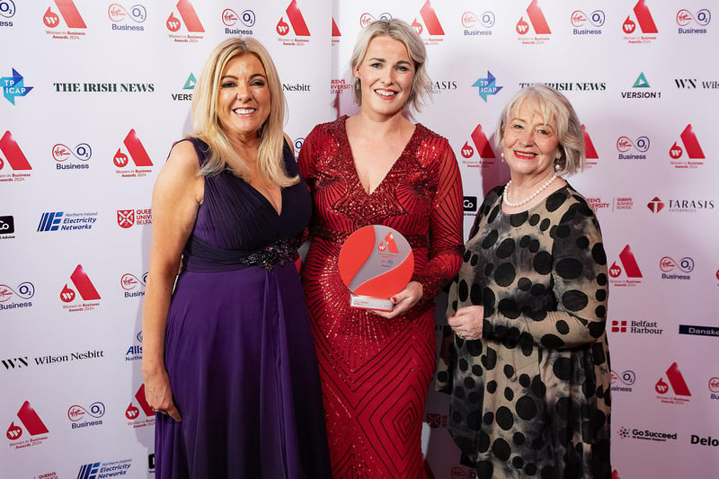 Micaela Diver, from Derry-Londonderry, partner at A&L Goodbody, who picked up the Corporate Award for Best in Professional Services, with Tanya Martin from category sponsor IQ&Co and Anne Clydesdale, vice chair Women in Business board.