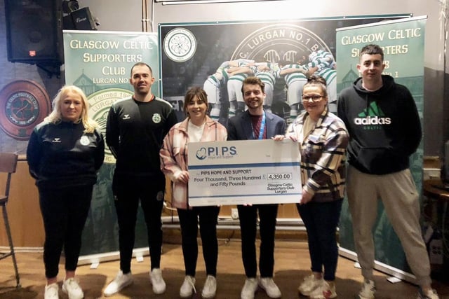 Members of Glasgow Celtic Supporters Club Lurgan No.1 and the Nelson family are pictured presenting a heartwarming donation of £4,350.00 to Aaron Spiers from PIPS Hope and Support in memory of Gary Nelson. This generous contribution was made possible by the club and the Nelson family, who organised a sold-out charity night in November at Magee’s Bar to honour Gary's memory.  PIPS Hope and Support extend their sincere gratitude to the Supporters club and the Nelson family for their kindness and generosity which will assist the charity in providing crisis counselling and bereavement support.