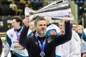 Belfast Giants' head coach Adam Keefe celebrates winning the Elite Ice Hockey League last season. Photo by William Cherry/Presseye