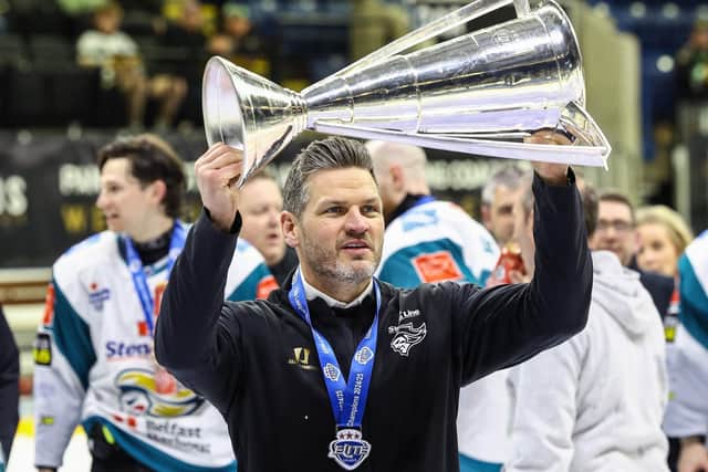 Belfast Giants' head coach Adam Keefe celebrates winning the Elite Ice Hockey League last season. Photo by William Cherry/Presseye